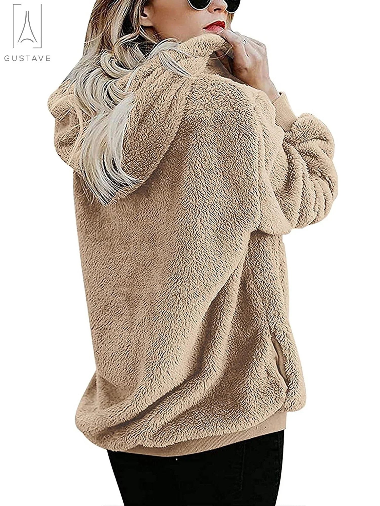 Women'S Fleece Long Sleeve Pullover Hoodies with 1/4 Zip up Sweatshirt Jumper Warm Sweaters (Apricot, L)