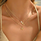 Shell Necklace for Women,14K Gold Plated Layered Starfish Conch Seashell Pearl P