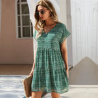 Ladies Vintage Sexy Print Short Summer Dress Women Casual V Neck Ruffles Beach Mini Chiffon Dress Women Sundress Vestidos Female