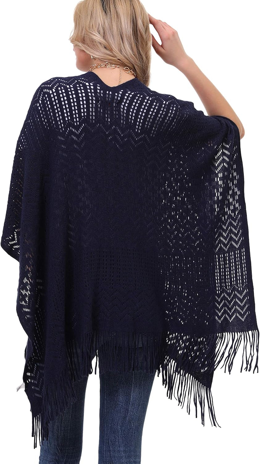 Knit Shawl Wrap for Women - Soul Young Ladies Fringe Knitted Poncho Cardigan Cape