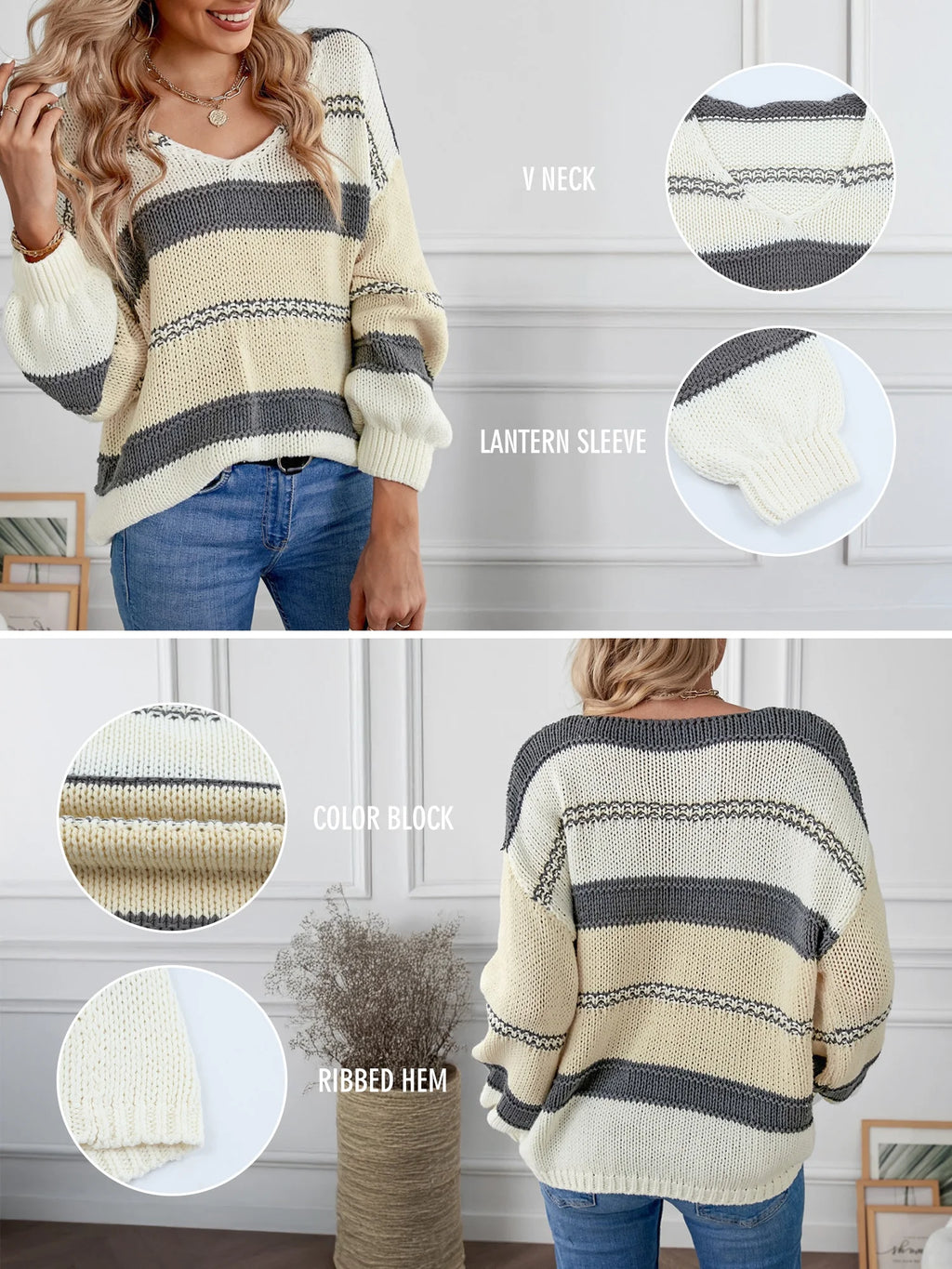 Womens V-Neck Knitted Lantern Sleeve Pullover Sweater Fashion Color Block Cable Knit Jumper Tops S 4-6