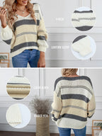 Womens V-Neck Knitted Lantern Sleeve Pullover Sweater Fashion Color Block Cable Knit Jumper Tops S 4-6
