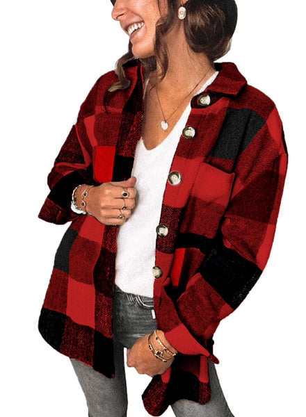 Ladies Plaid Shirts Flannel Shacket Jacket Long Sleeve Button down Boyfriend Shirt Coats