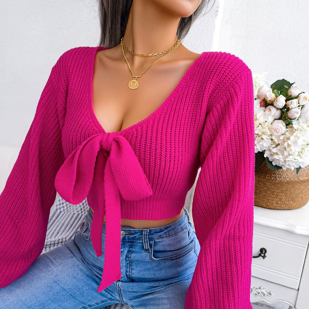 Women Sweater 2025 Autumn Casual Sexy Bow Long Sleeve Knitted Pullovers Crop Tops Blue Green White Red