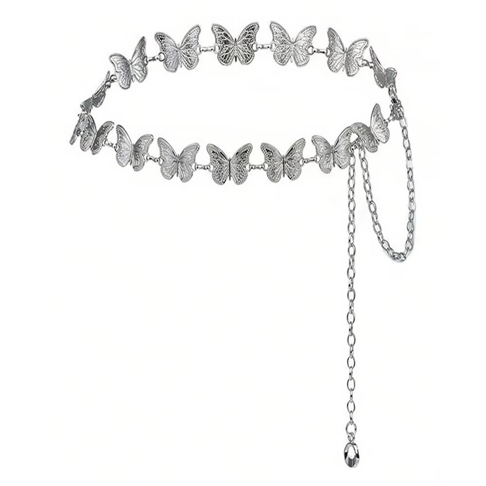 1Pc Fashionable Silvery Butterfly Belts for Woman Smooth Metal Chain Belts Summer Dress Belts