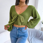 Women Sweater 2025 Autumn Casual Sexy Bow Long Sleeve Knitted Pullovers Crop Tops Blue Green White Red