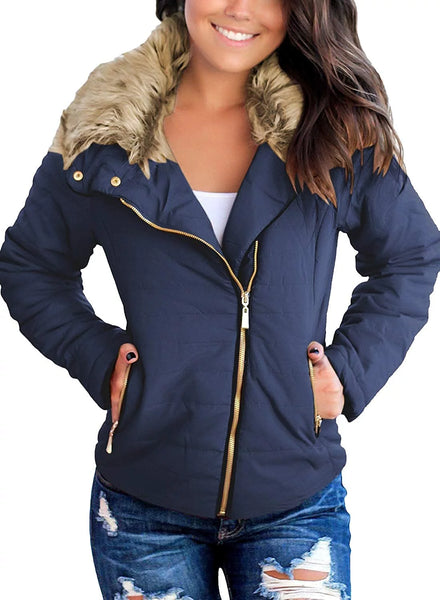 Ladies Parka Coat Pockets Quilted Puffer Jacket with Faux Fur Lapel