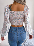 Women Casual Floral Print Lace up Long Sleeve Crop Tops Chiffon Blouse Summer Autumn