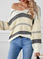 Womens V-Neck Knitted Lantern Sleeve Pullover Sweater Fashion Color Block Cable Knit Jumper Tops S 4-6