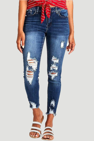 Ladies Distressed Raw Hem Jeans with Pockets