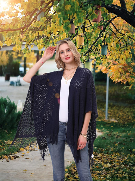 Knit Shawl Wrap for Ladies - Soul Young Ladies Fringe Knitted Poncho Cardigan Cape