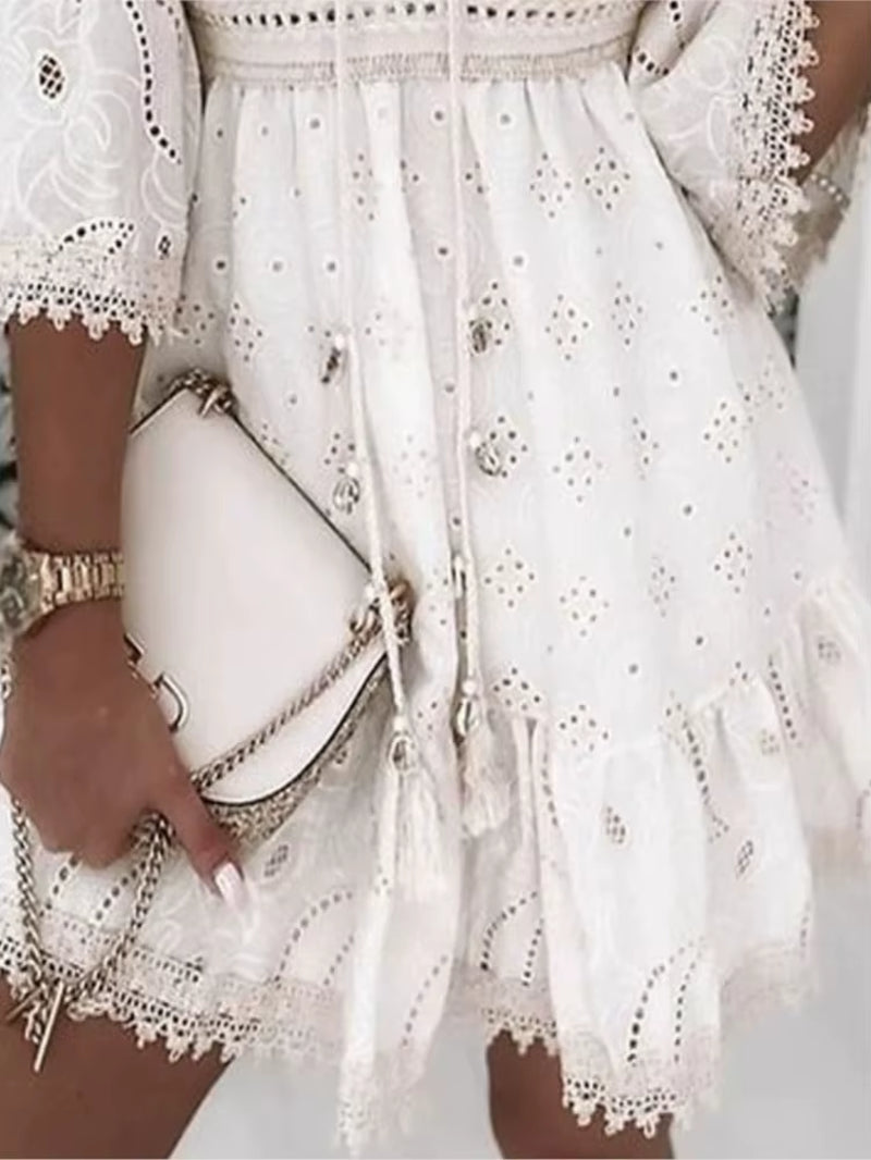 Elegant Women White Hollow Lace Mini Dress Summer V-Neck Patchwork Lace up Three Quarter Sleeve Ladies Vacation Beach Dresses