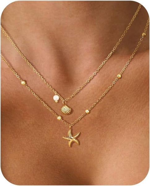 Shell Necklace for Ladies, 14K Gold Plated Layered Ladies Starfish Conch Seashell Pearl Jewelry