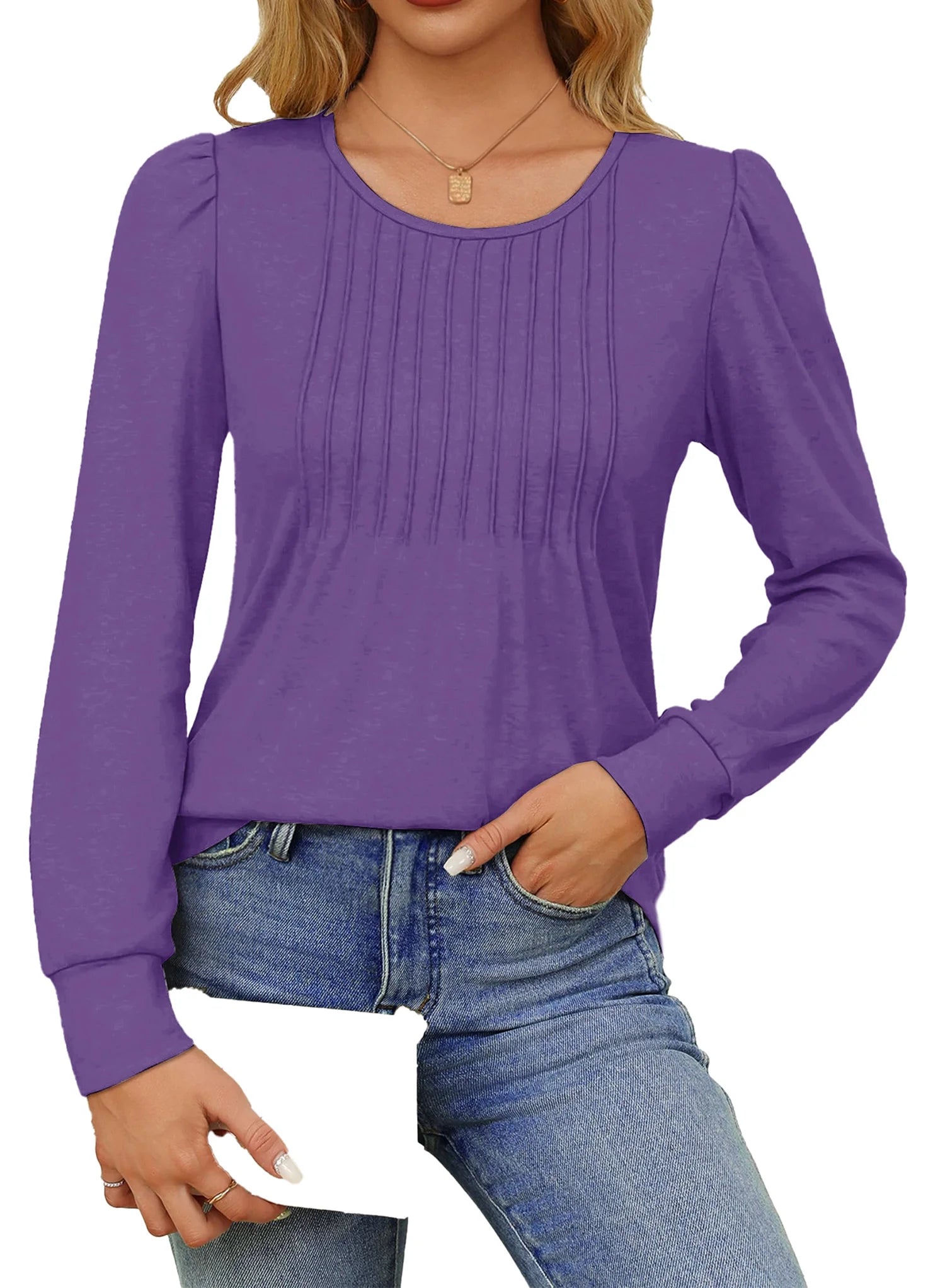 Pleated Blouses for Women Dressy Casual Long Sleeve Shirts Fall Tunic Tops