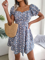 Women Mini Dress Temperament Big Swing Loose Hem Flower Print Shirring Dress up Short Sleeves High Waist Summer Dress Clothes