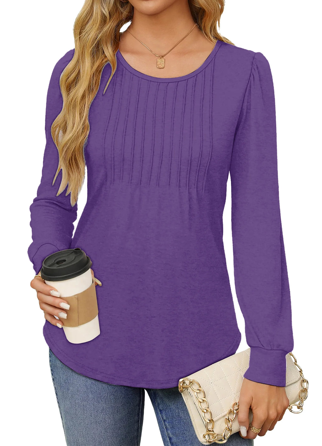 Pleated Blouses for Women Dressy Casual Long Sleeve Shirts Fall Tunic Tops